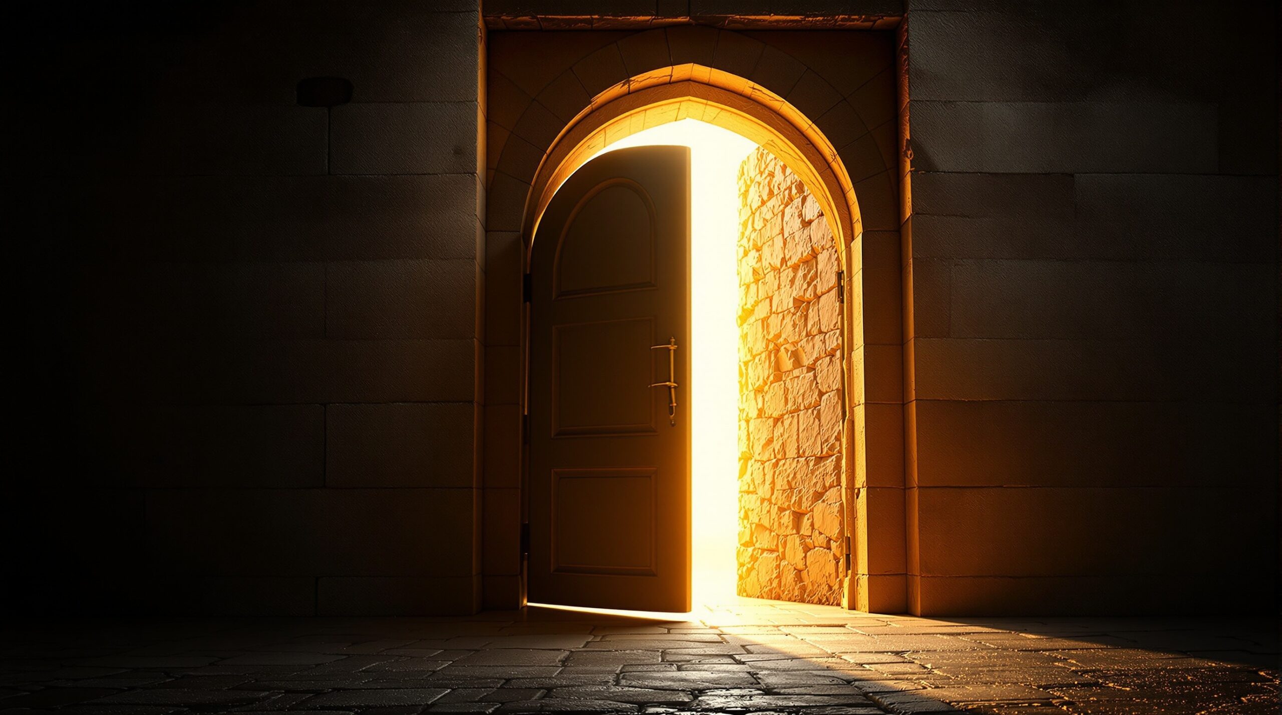 Ancient stone doorway partially open with bright golden light streaming through, symbolizing divine access and opportunity