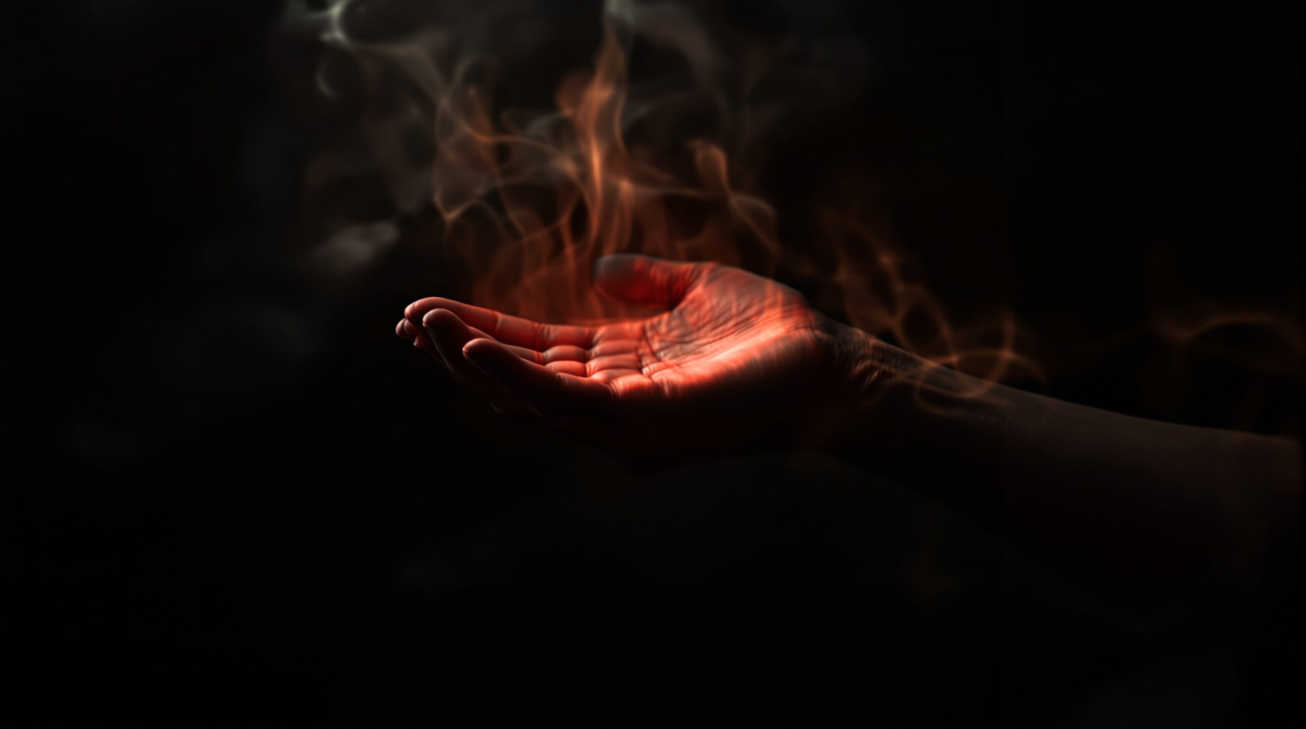 Dramatic close-up of outstretched human hand with palm and forehead highlighted by ominous red light against dark background