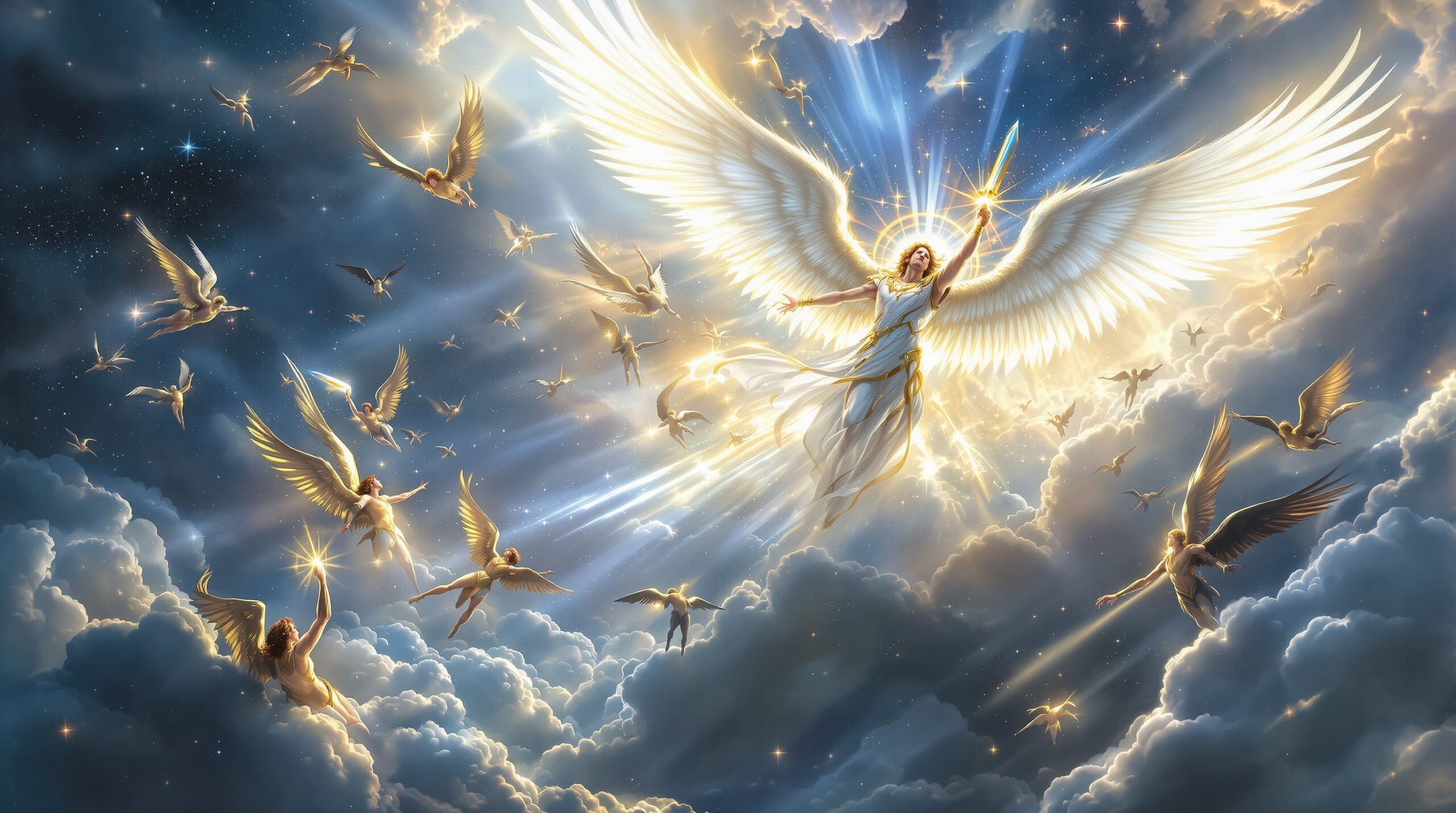 Archangel Michael with white wings leads heavenly armies against fallen angels in cosmic battle from Revelation 12
