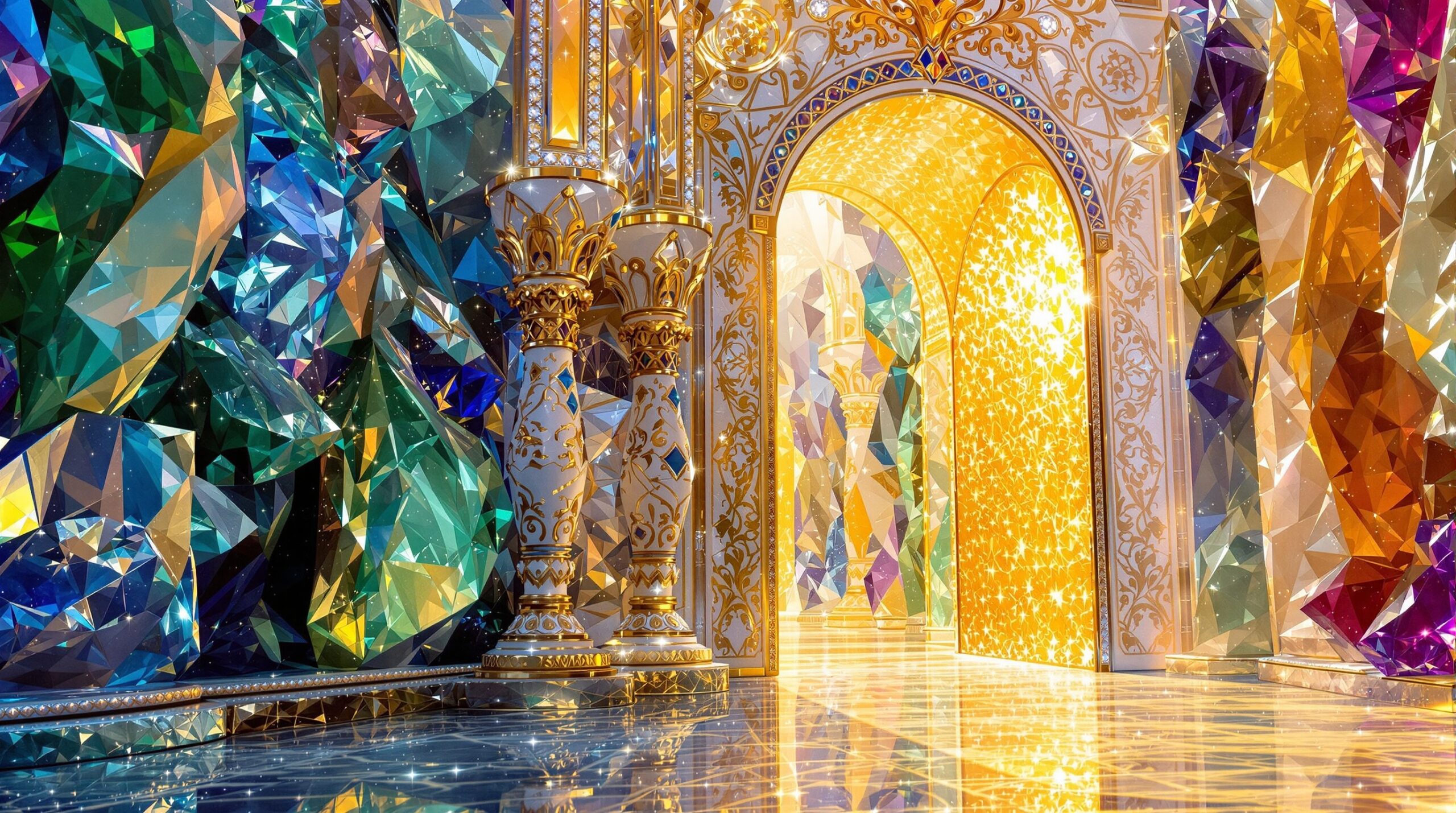 Ornate pearl gate with precious stone walls including jasper and emerald, revealing golden street of New Jerusalem