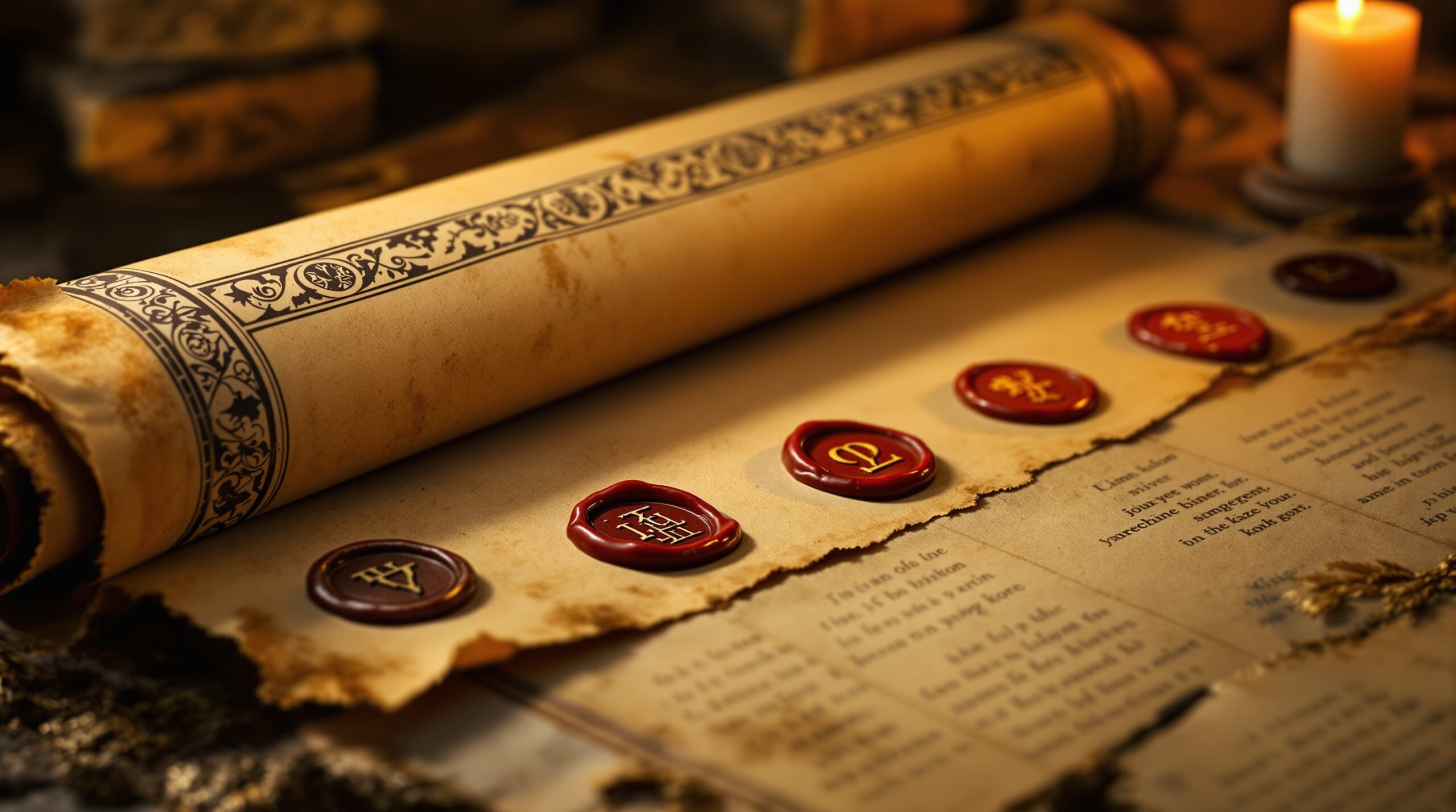 Ancient parchment scroll with seven red wax seals along the edge, partially unrolled in candlelight