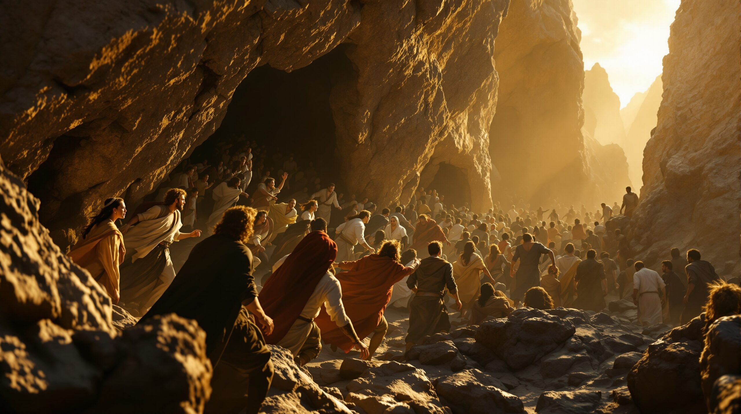 People of all social classes flee in terror toward rocky mountain caves, seeking shelter with expressions of fear and desperation.