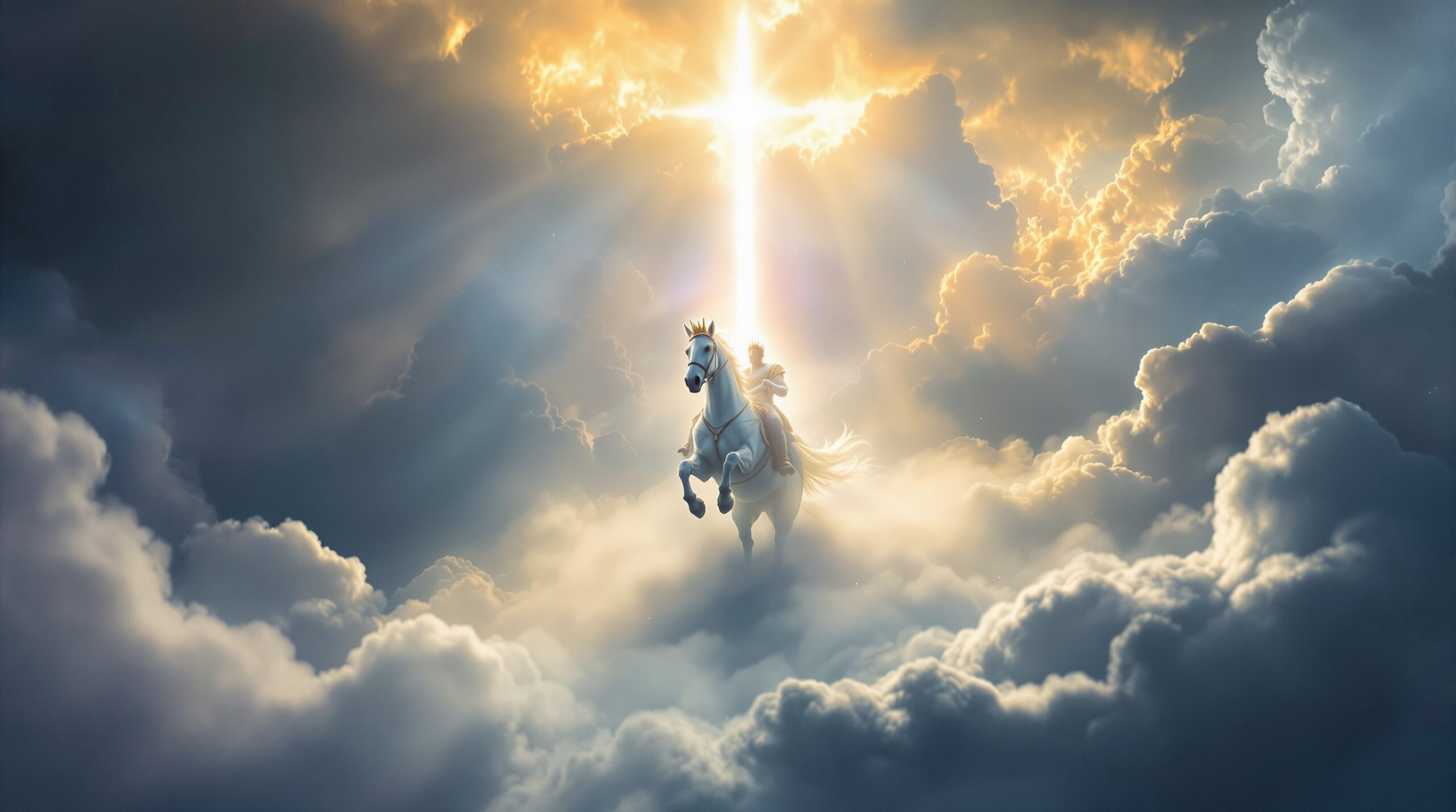 Majestic white horse revelation emerging from heavenly clouds with divine light rays, crowned rider with glowing sword, and celestial armies in dramatic biblical scene