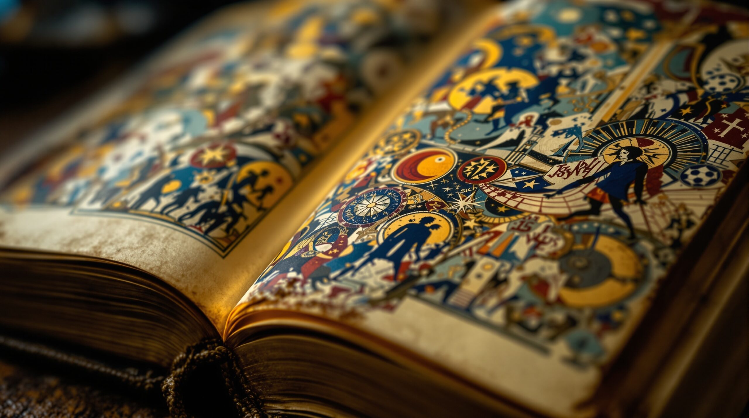 Ancient illuminated manuscript with apocalyptic imagery including horsemen and celestial symbols in medieval colors