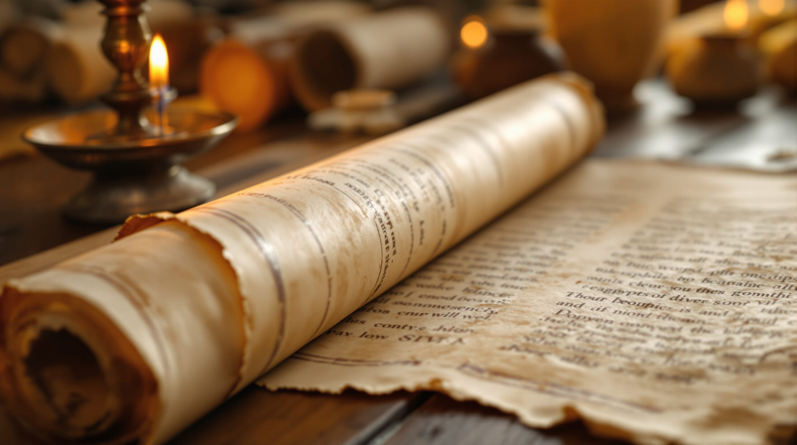 Ancient scroll on wooden table illuminated by candlelight, with oil lamp and pottery in background for biblical study