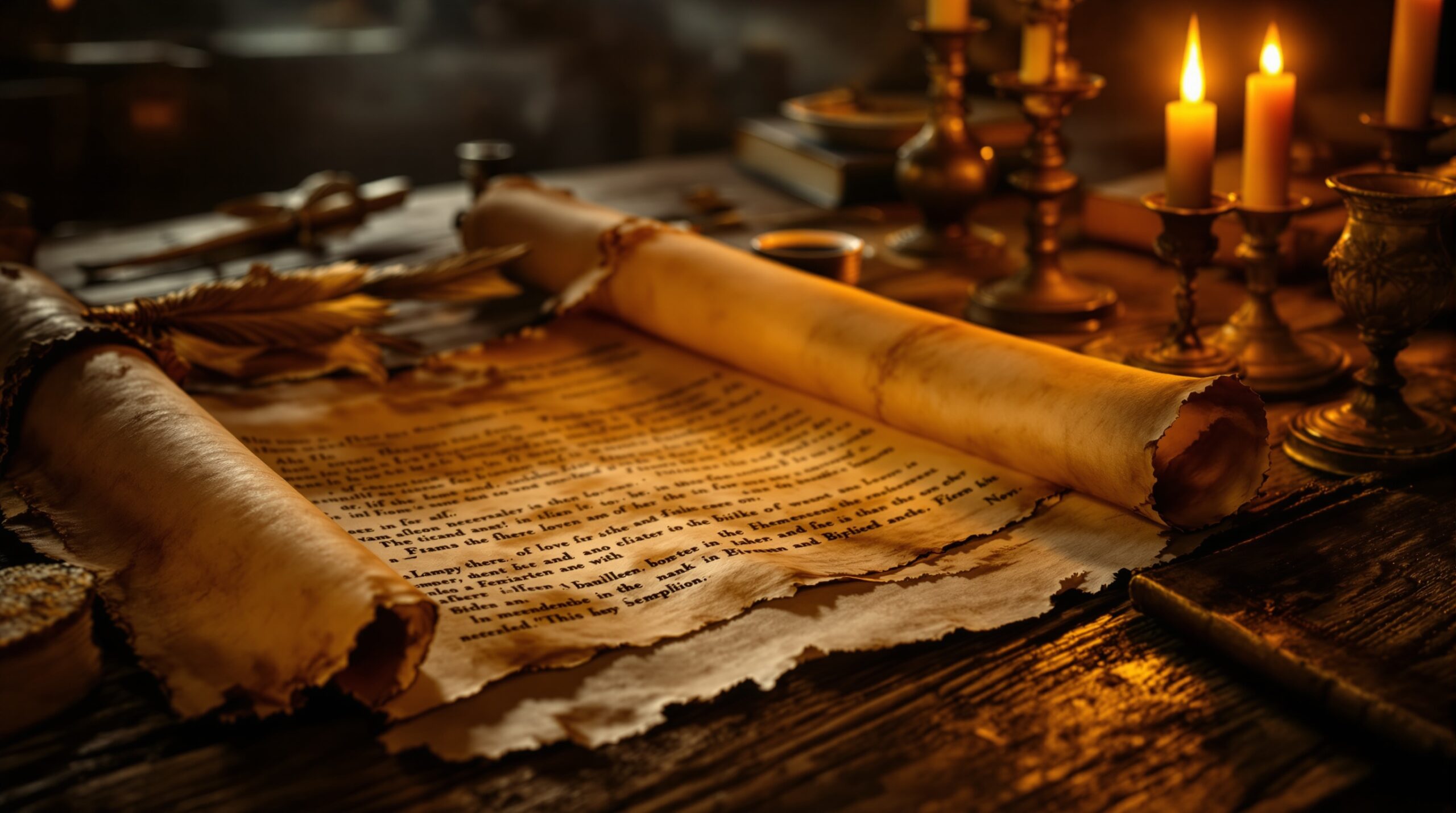 Ancient parchment scroll on wooden table with candlelight, quills, and old books for biblical study