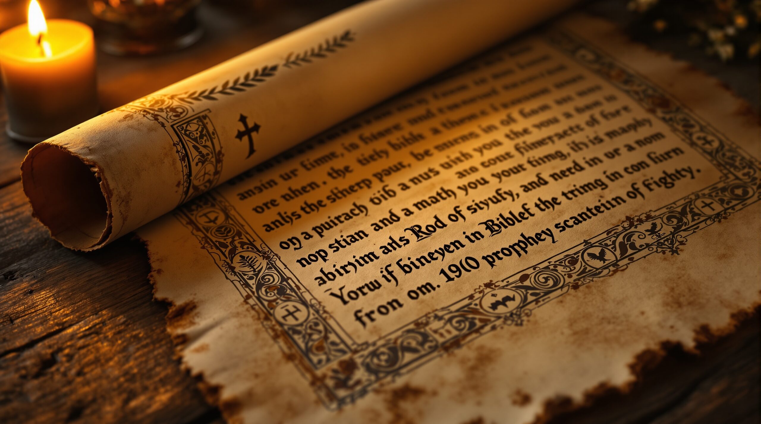 Ancient biblical scroll with Hebrew-style script on wooden surface, illuminated by candlelight for tribulation study