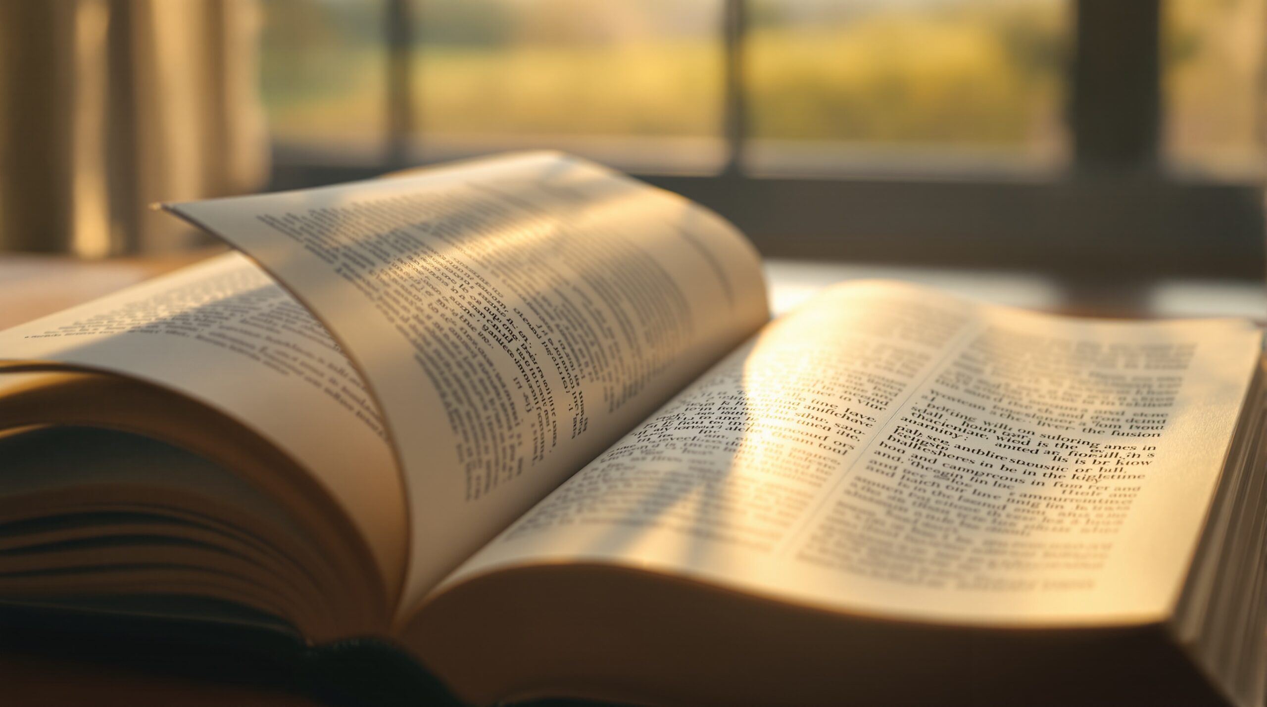 Open Bible with pages turning in sunlight on wooden table, representing biblical study of Christian tribulation timeline