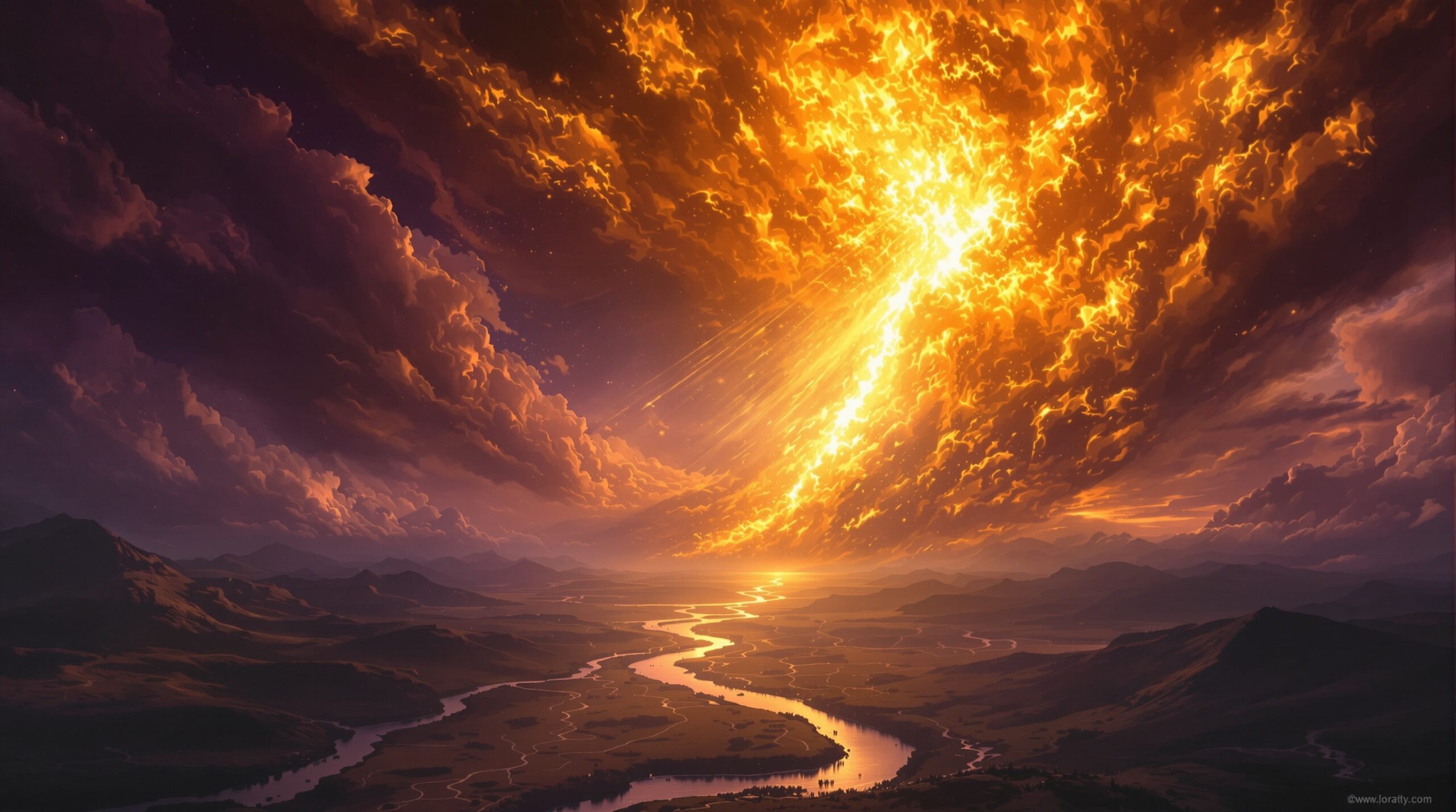 # Wormwood Revelation: Blazing star falling from heaven toward Earth's rivers and springs, turning waters dark and bitter, with dramatic stormy sky and divine light breaking through clouds in biblical prophecy scene