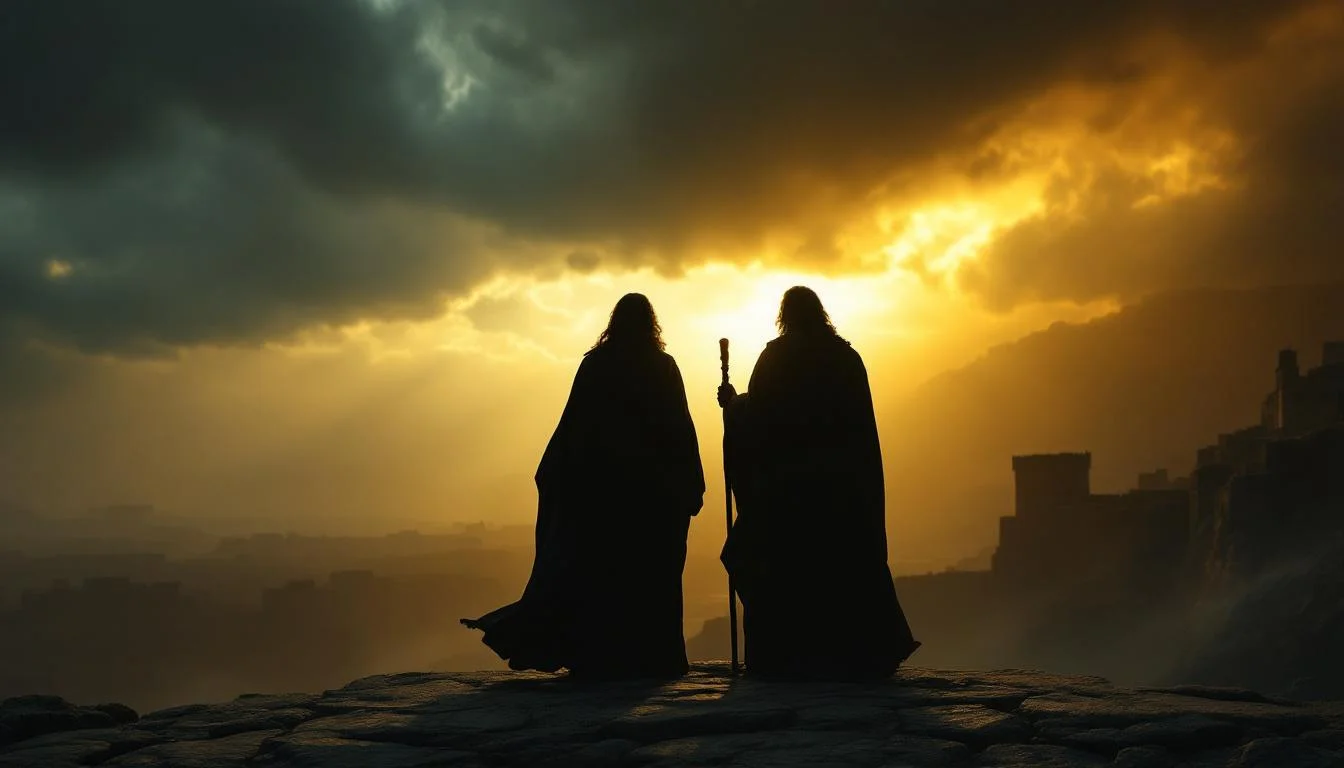 Two witnesses of Revelation 11 in silhouette standing on high ground above an ancient city beneath stormy skies with golden light breaking through behind them