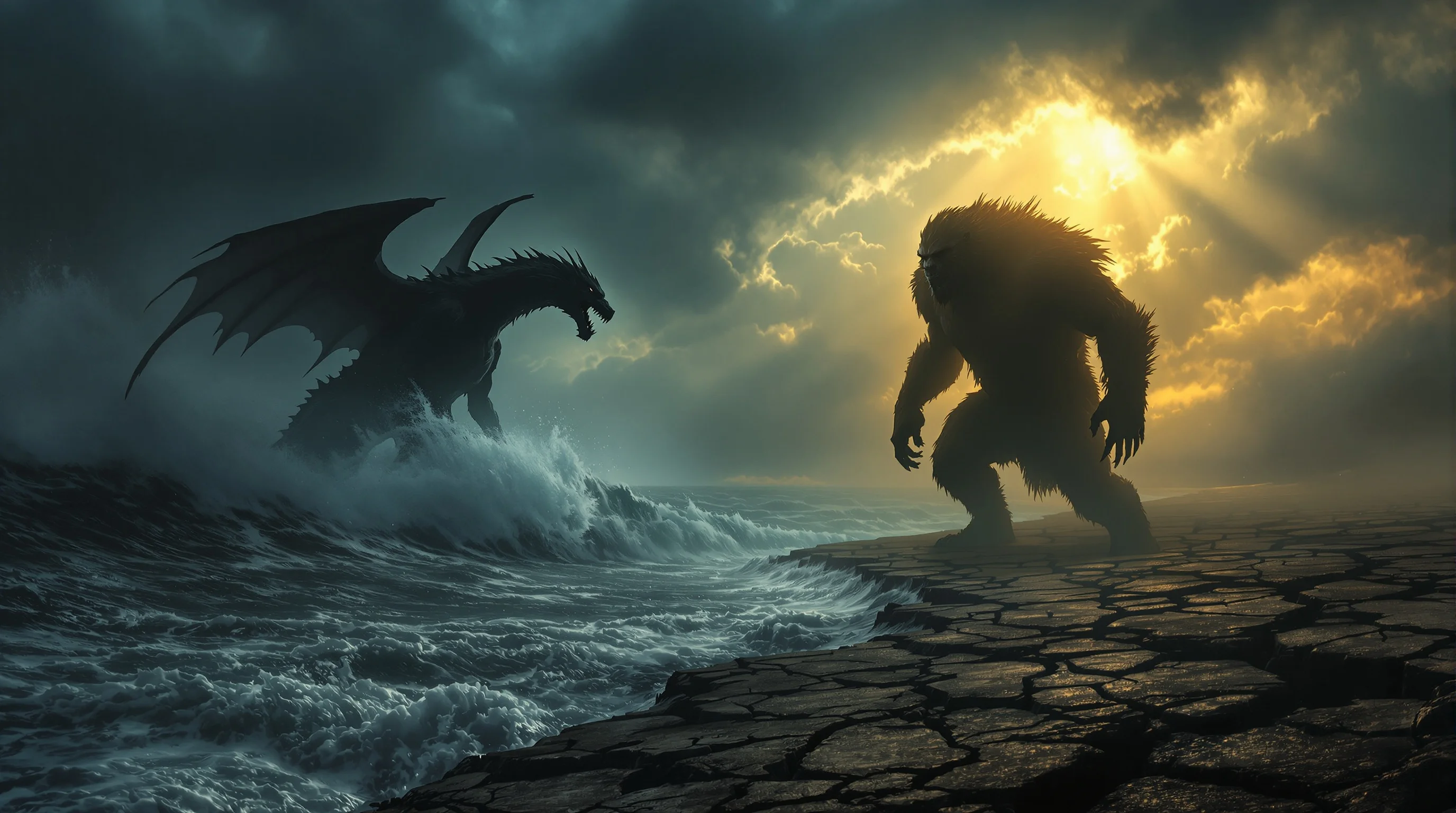 Two beasts of Revelation 13 in silhouette — a winged dragon-like beast rising from churning sea on the left, an upright shaggy beast standing on cracked earth on the right, beneath a stormy sky with golden light breaking through