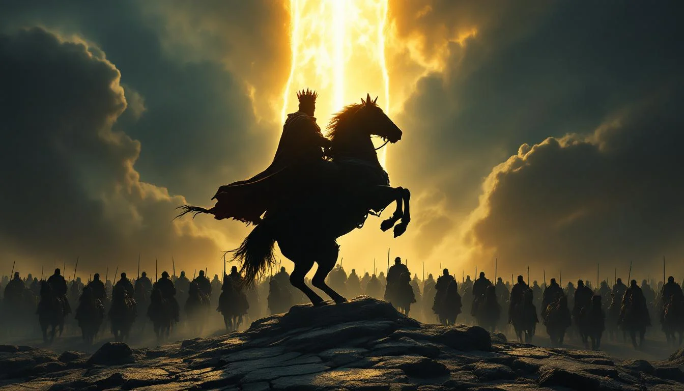 Warrior King of Revelation 19 in silhouette mounted on a rearing horse with multiple crowns atop his head and robe billowing back, with armies of heaven following on horses, beneath a dramatically split sky radiating golden and white light from above