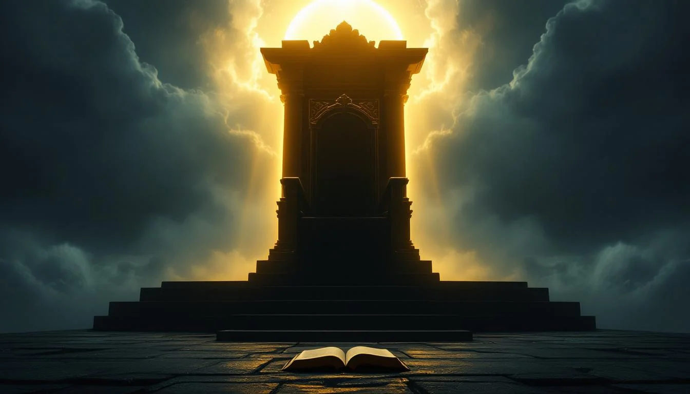 Great White Throne of Revelation 20 silhouetted against radiant golden light beneath stormy skies, with open books of judgment visible at its base