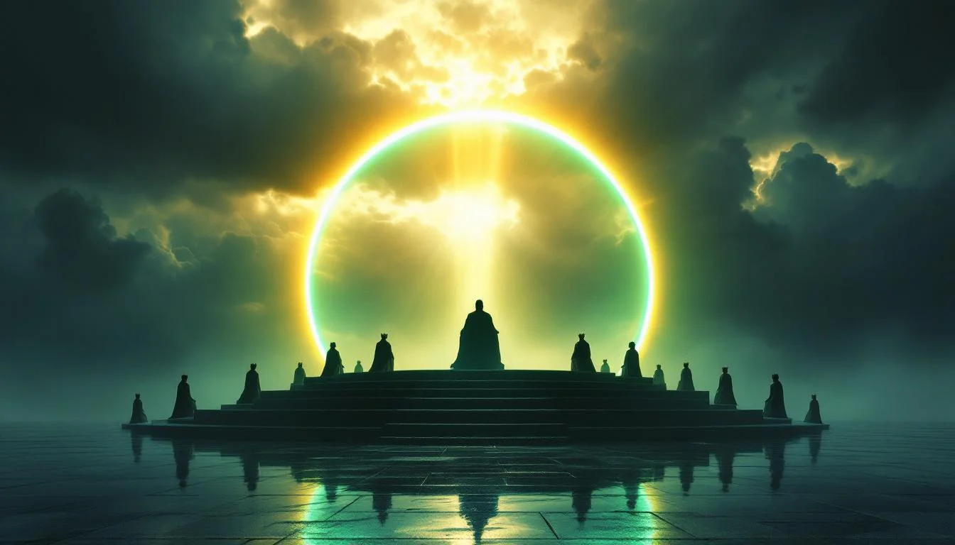 Throne room of Revelation 4 with central throne encircled by an emerald rainbow halo and twenty-four elder thrones in silhouette, with a sea of glass reflecting golden light in the foreground