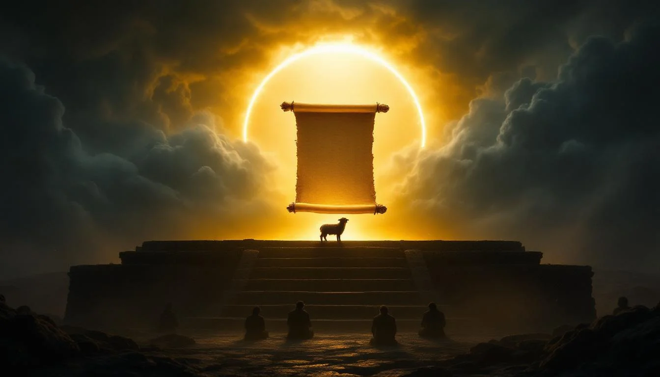 Lamb of Revelation 5 in silhouette standing at the foot of a heavenly throne beside a sealed scroll glowing with golden light, with worshippers kneeling in the foreground beneath stormy skies