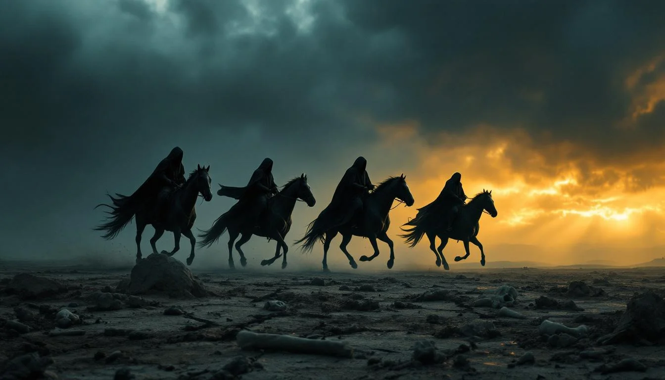 Four horsemen of Revelation 6 in silhouette riding across an apocalyptic landscape beneath stormy skies with golden light breaking through