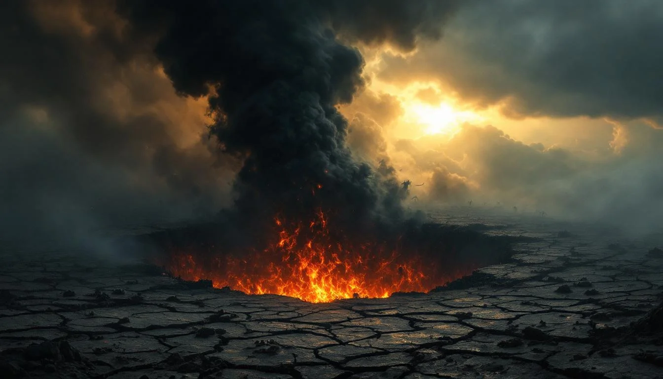 Bottomless pit of Revelation 9 erupting with hellish fire and a column of black smoke beneath dark stormy skies, with cold golden light breaking through clouds in the distance and shadowy demonic forms barely visible in the rising smoke