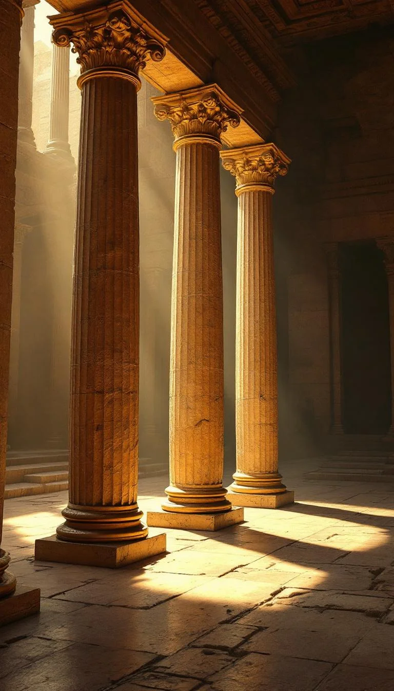 Three ancient stone columns representing the three-part structure of the book of Revelation