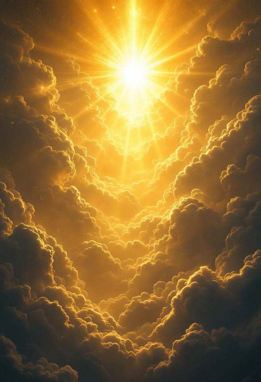 Radiant light streaming through clouds representing the heavenly throne room described in Revelation 4 and 5